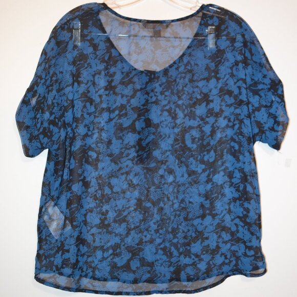 BANANA REPUBLIC Polyester Blue Black Floral Prints Buttons See-Through Blouse S - Picture 1 of 9